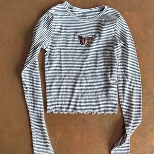 Go Striped Long Sleeve Top with Butterfly Patch